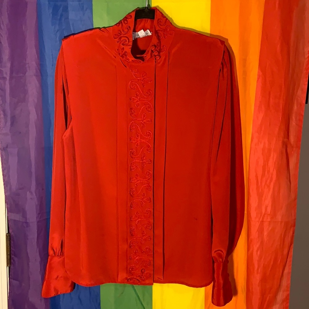 Anne Klein Beautiful High Neck Top w/ Buttons & Embroidery AS IS (Vintage)